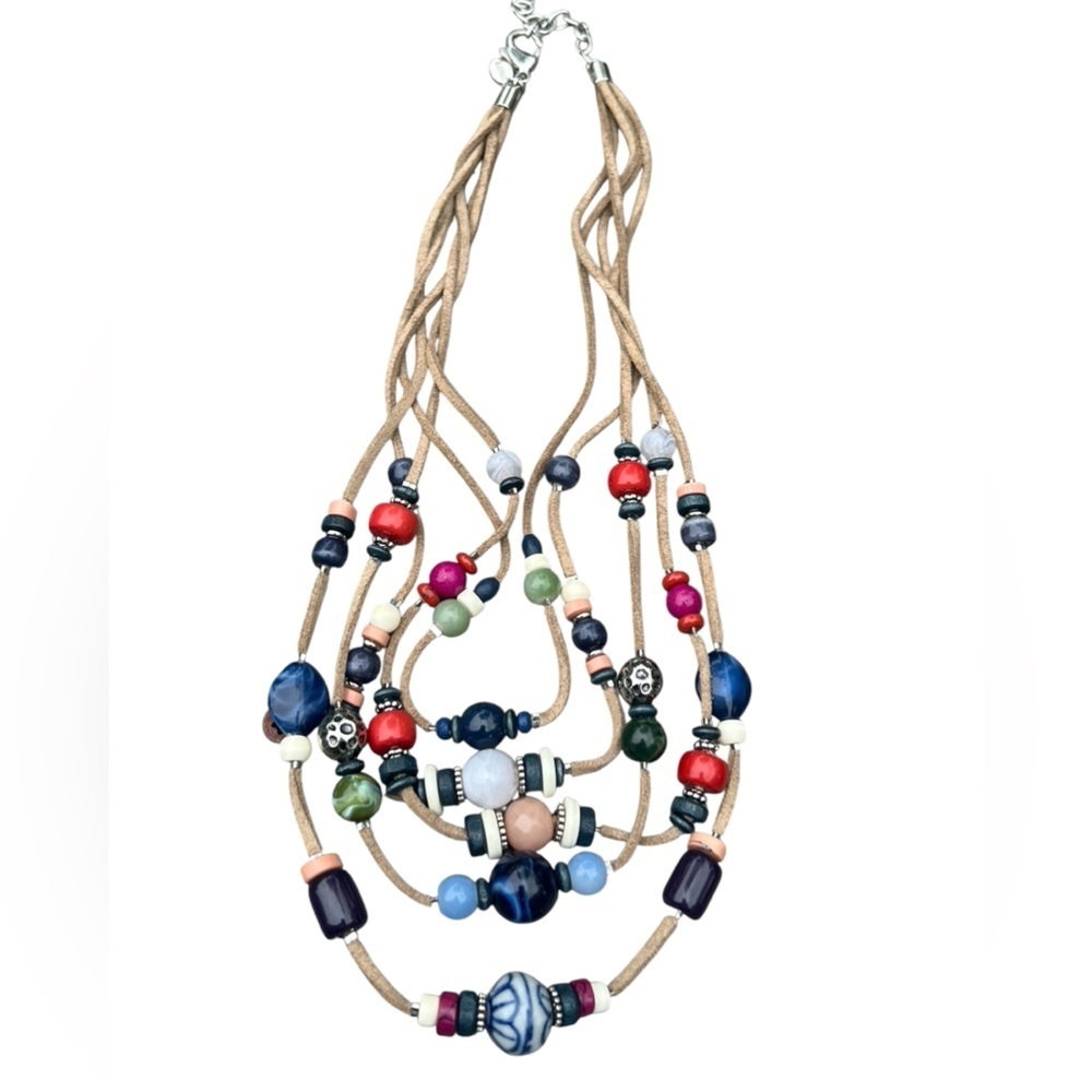 Chico's tiered colorful beaded necklace with leather cord western statement